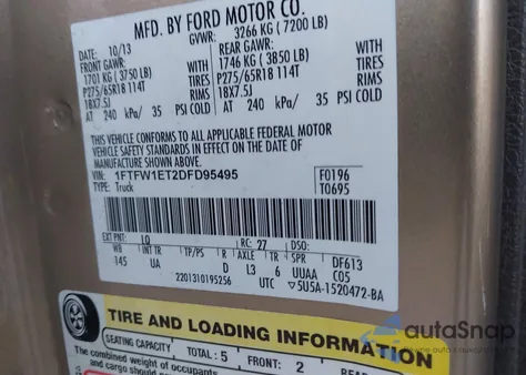 2013 Ford F-150 Xlt from USA, damaged, VIN 1FTFW1ET2DFD95495